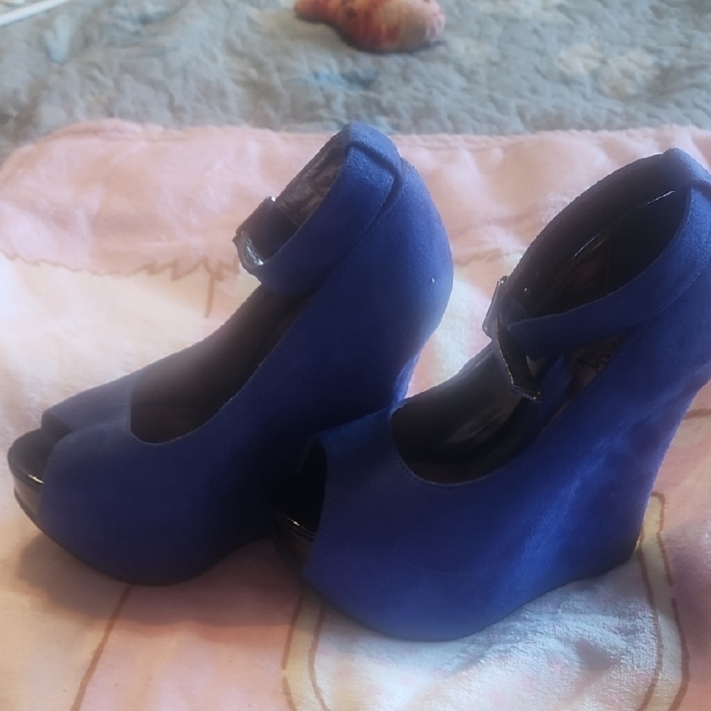Blue Peep-Toe Wedge Heels